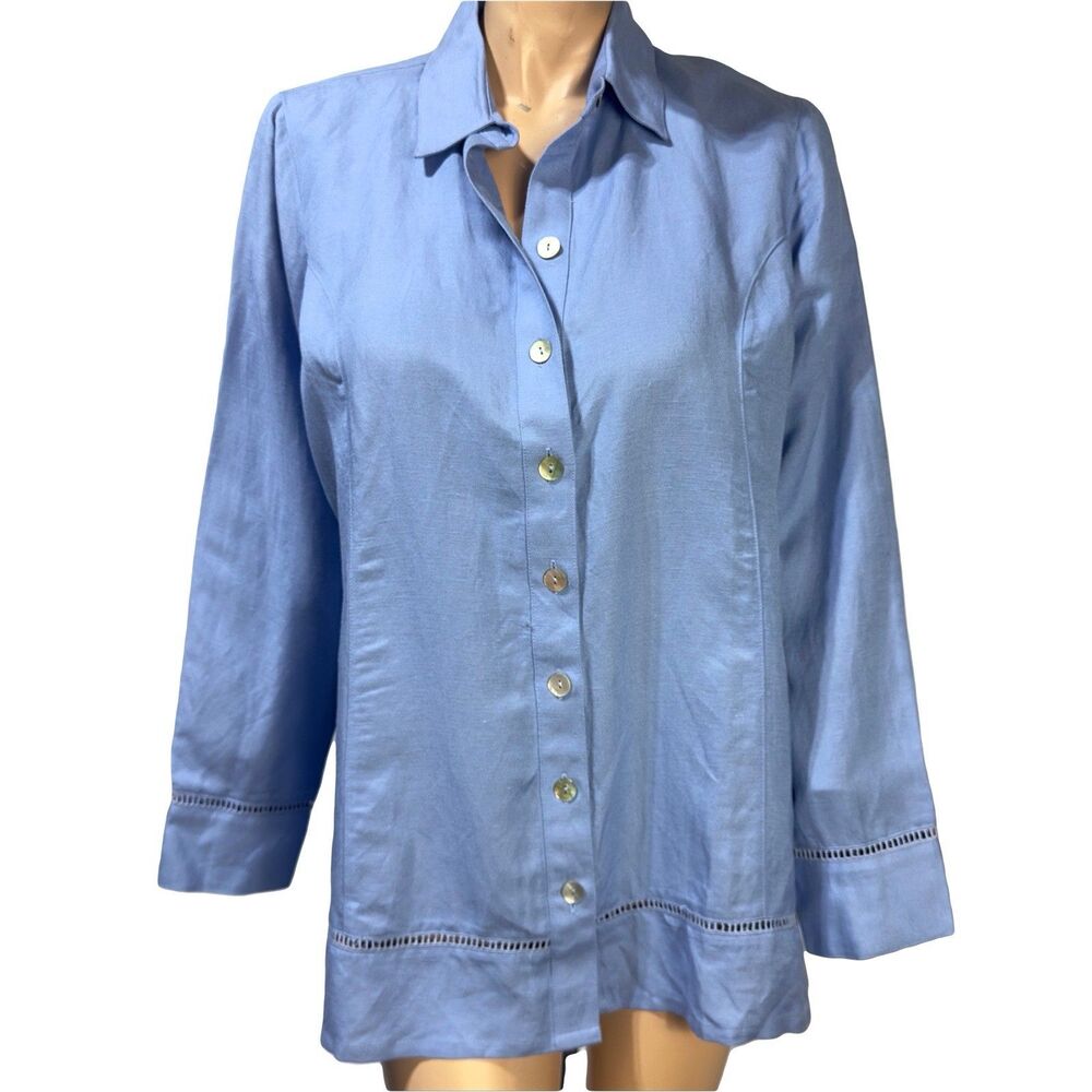 Soft Surroundings Sally Shirt Soft Blue Linen Blend Button Up Shirt Size L NWT